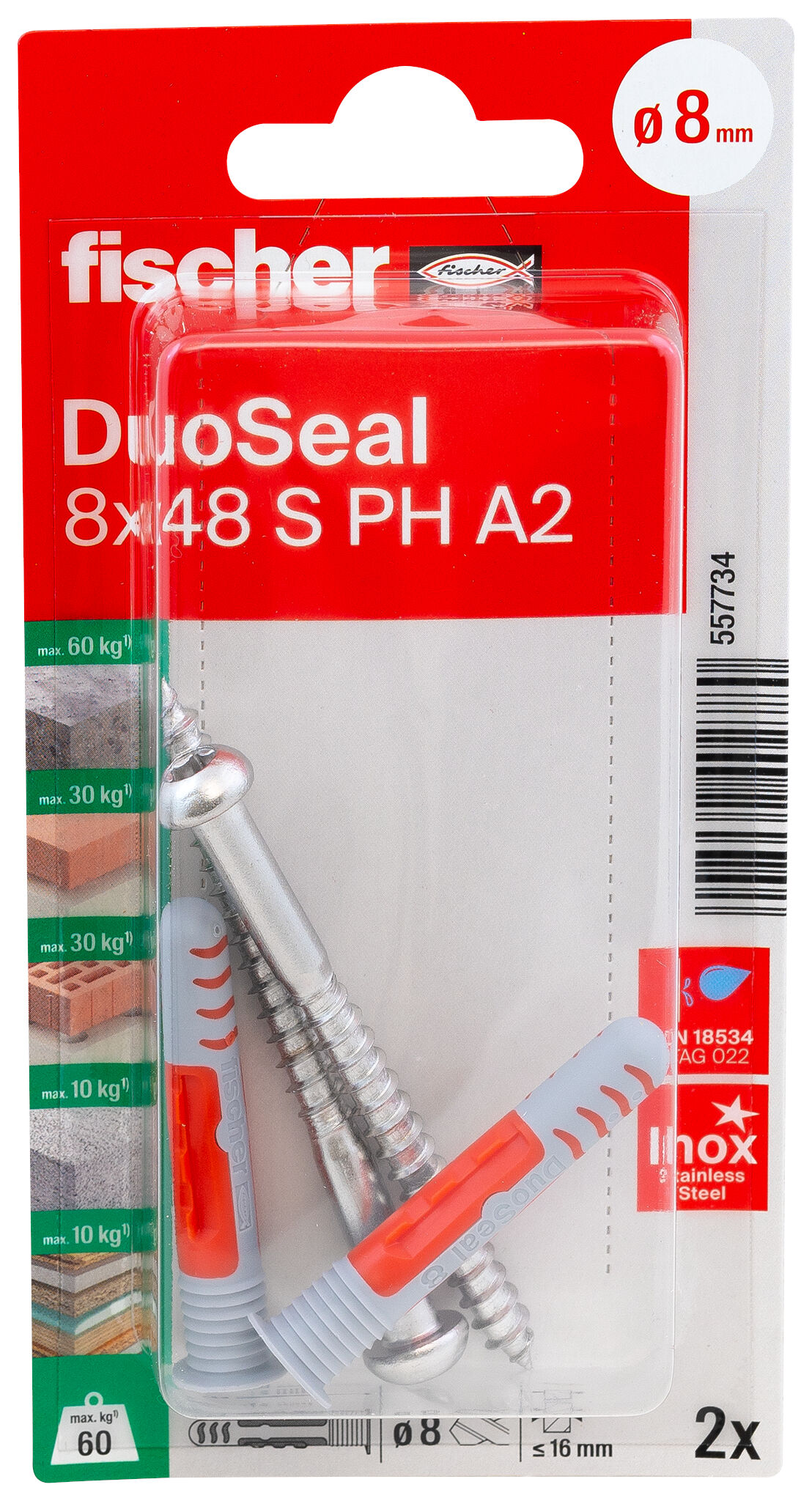 Verpackung: "fischer DuoSeal 8 x 48 S PH TX A2 K"