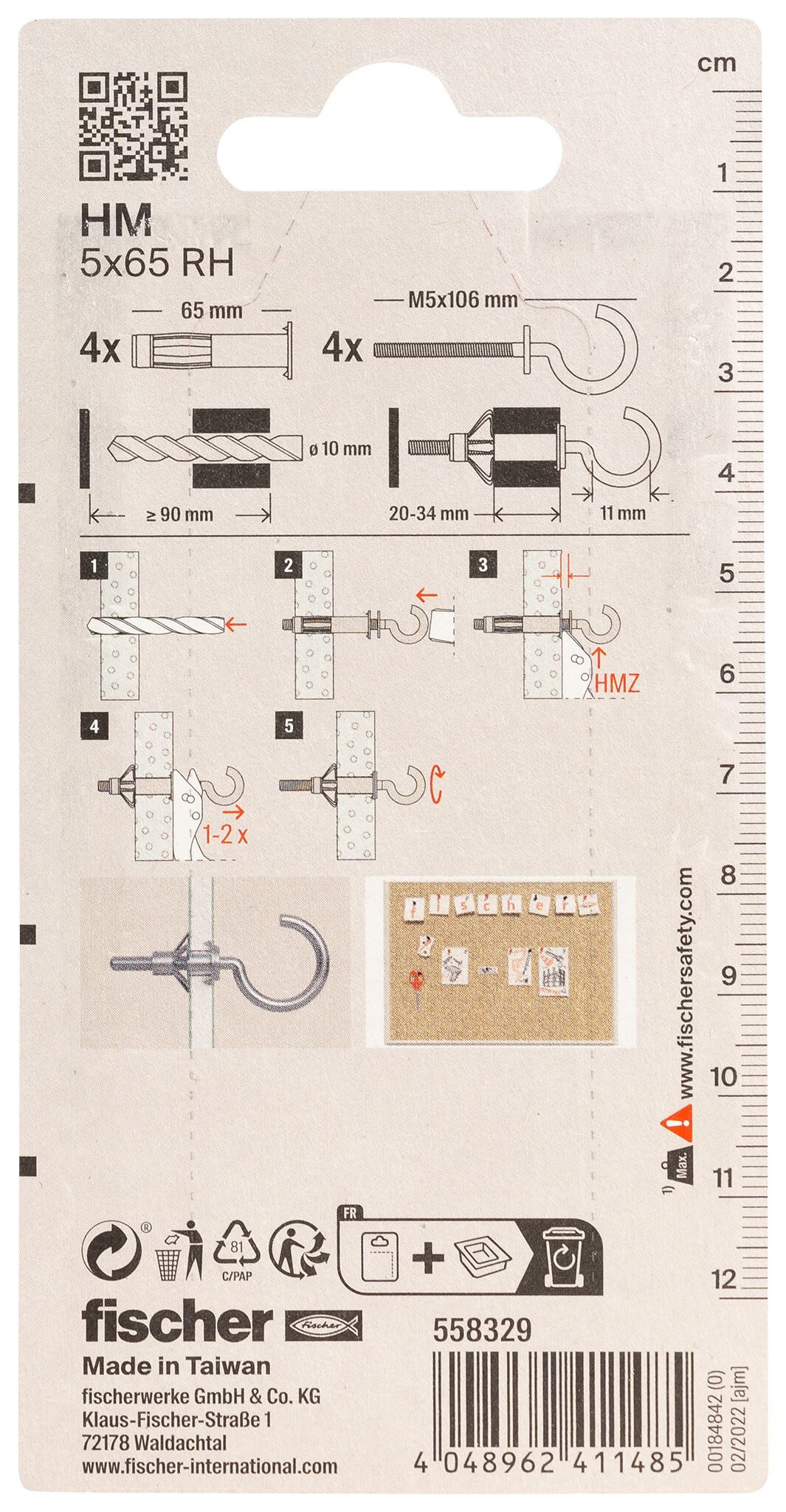 Verpackung: "fischer Hohlraum-Metalldübel HM 5 x 65 SK mit Rundhaken"