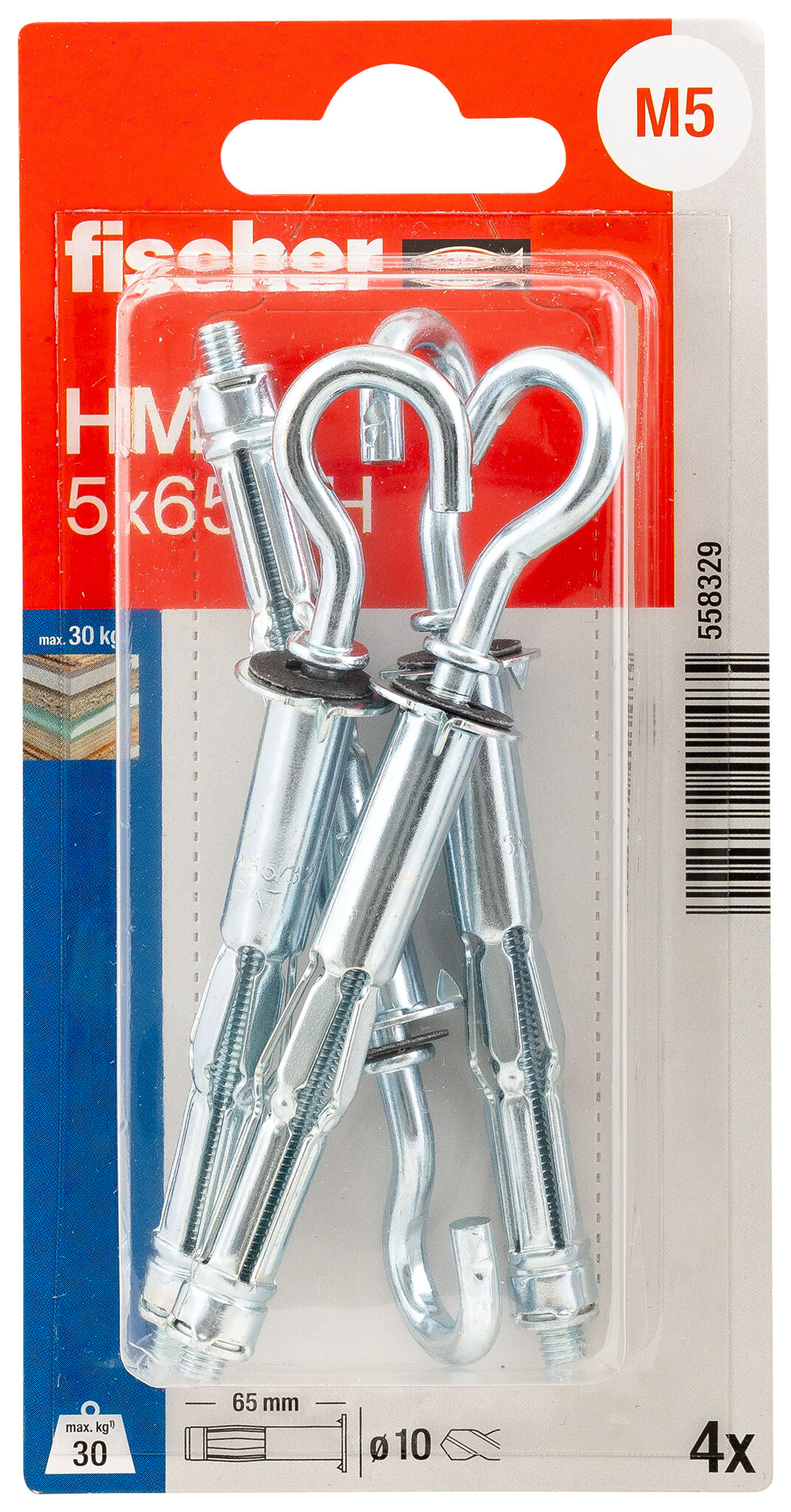 Verpackung: "fischer Hohlraum-Metalldübel HM 5 x 65 SK mit Rundhaken"