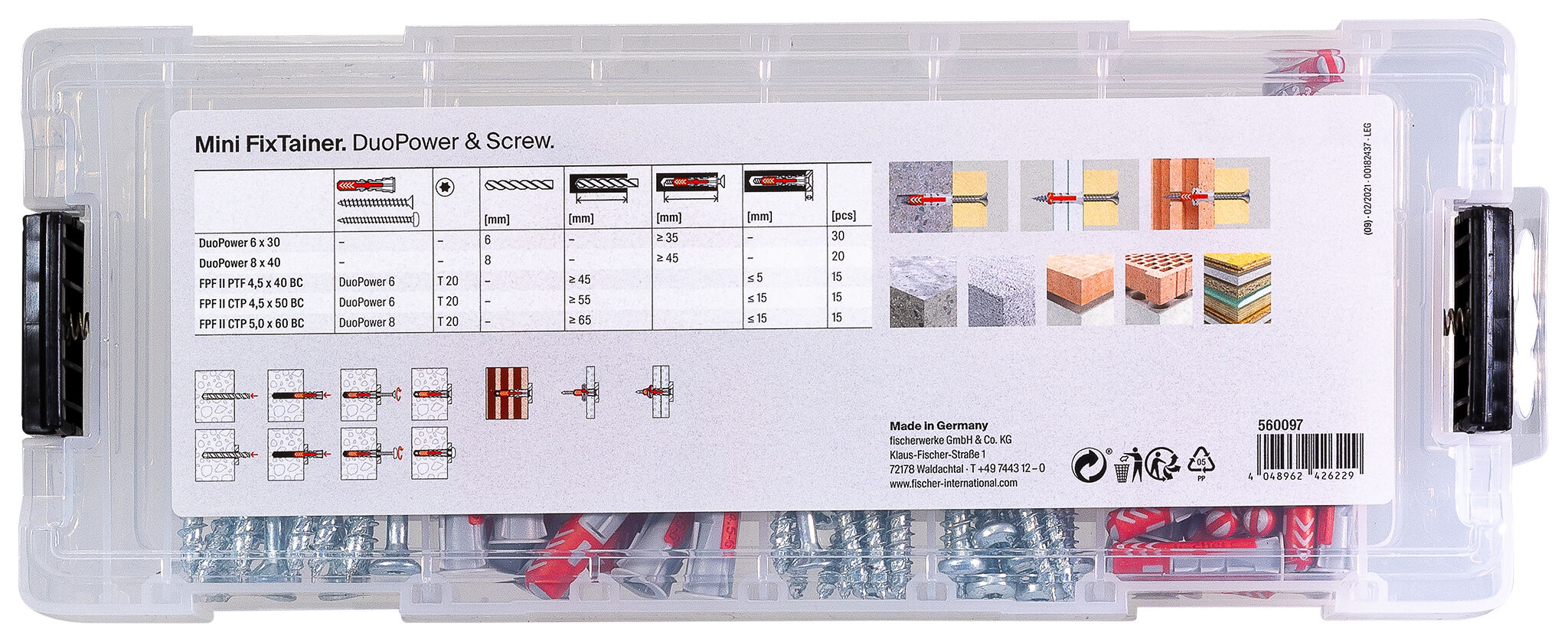 Packaging: "fischer MiniFixTainer DuoPower sähkösinkityillä ruuveilla"
