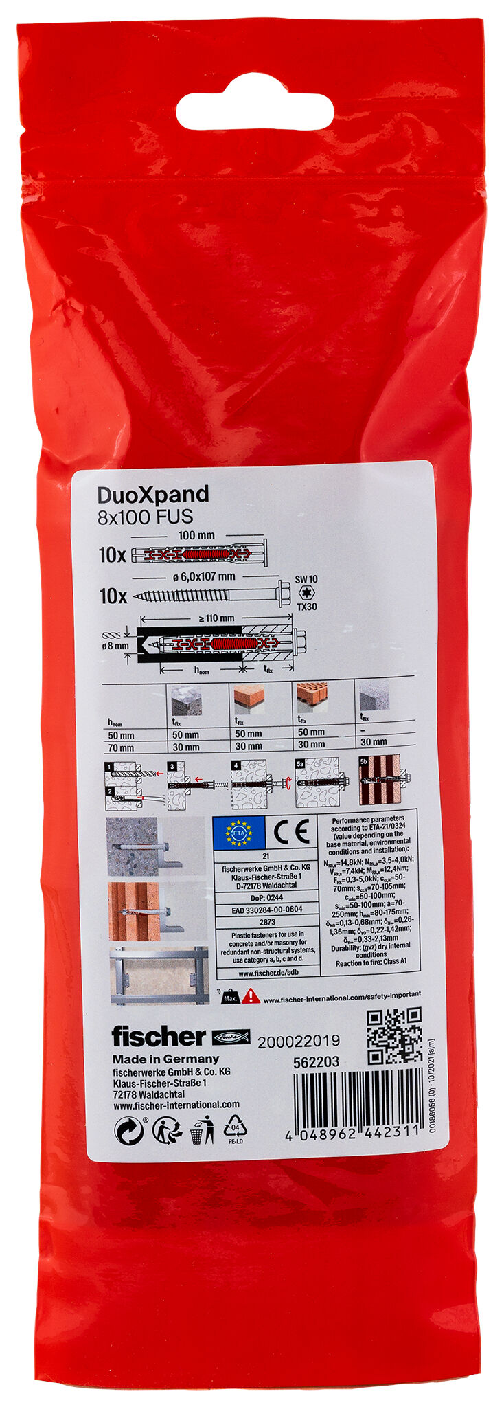 Verpackung: "fischer Langschaftdübel DuoXpand 8 x 100 FUS Sechskantschraube mit U-Scheibe"