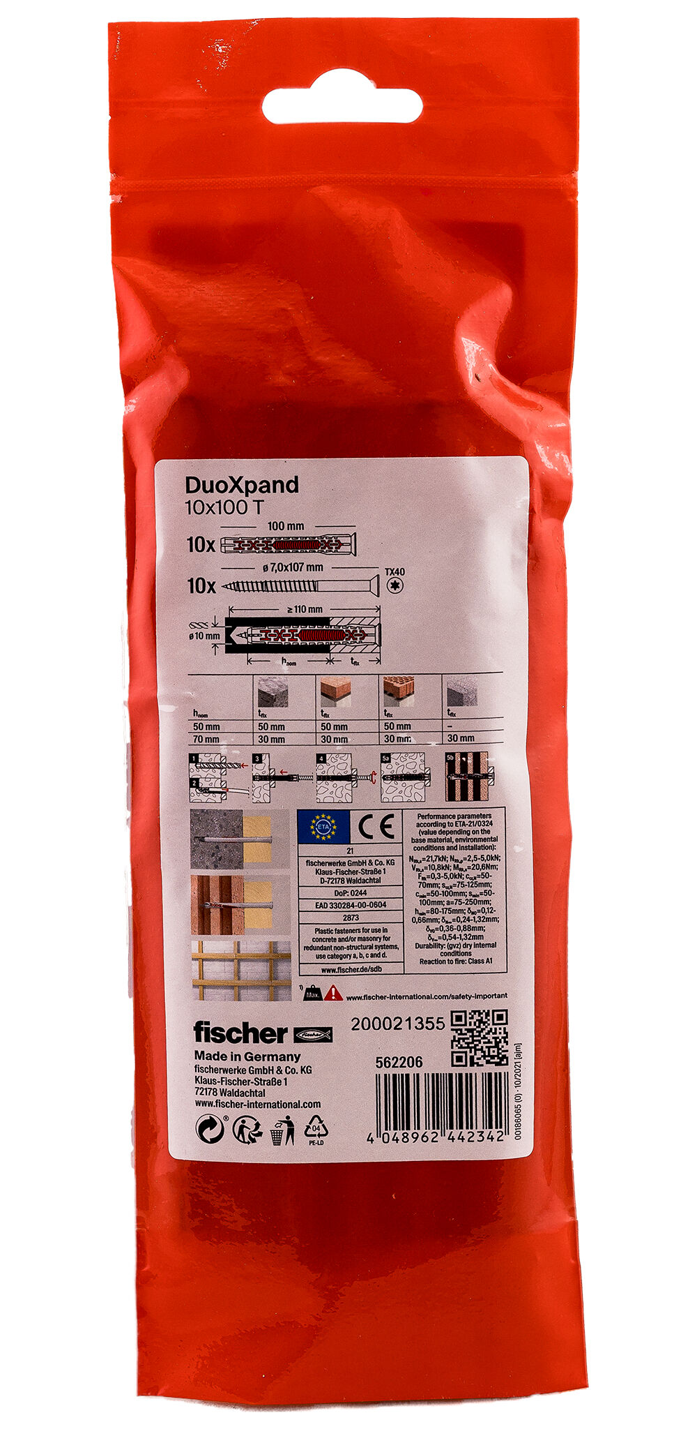 Verpackung: "fischer Langschaftdübel DuoXpand 10 x 100 T Senkkopfschraube"