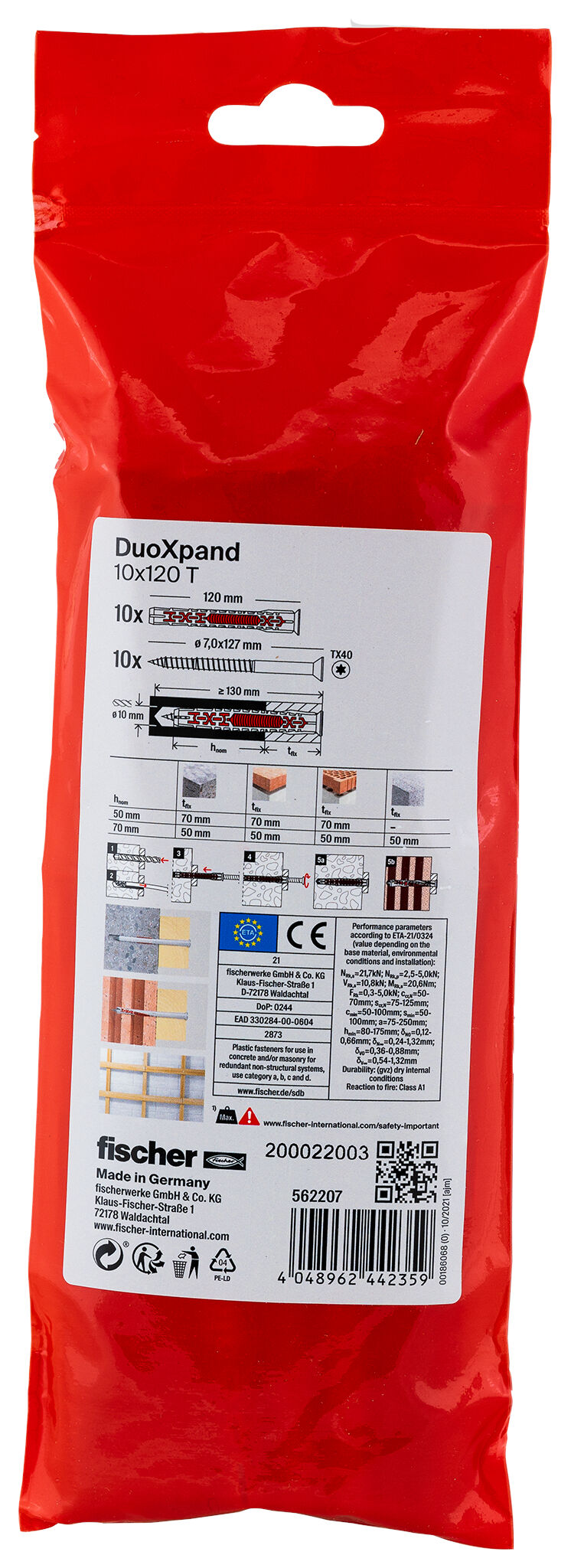 Verpackung: "fischer Langschaftdübel DuoXpand 10 x 120 T Senkkopfschraube"