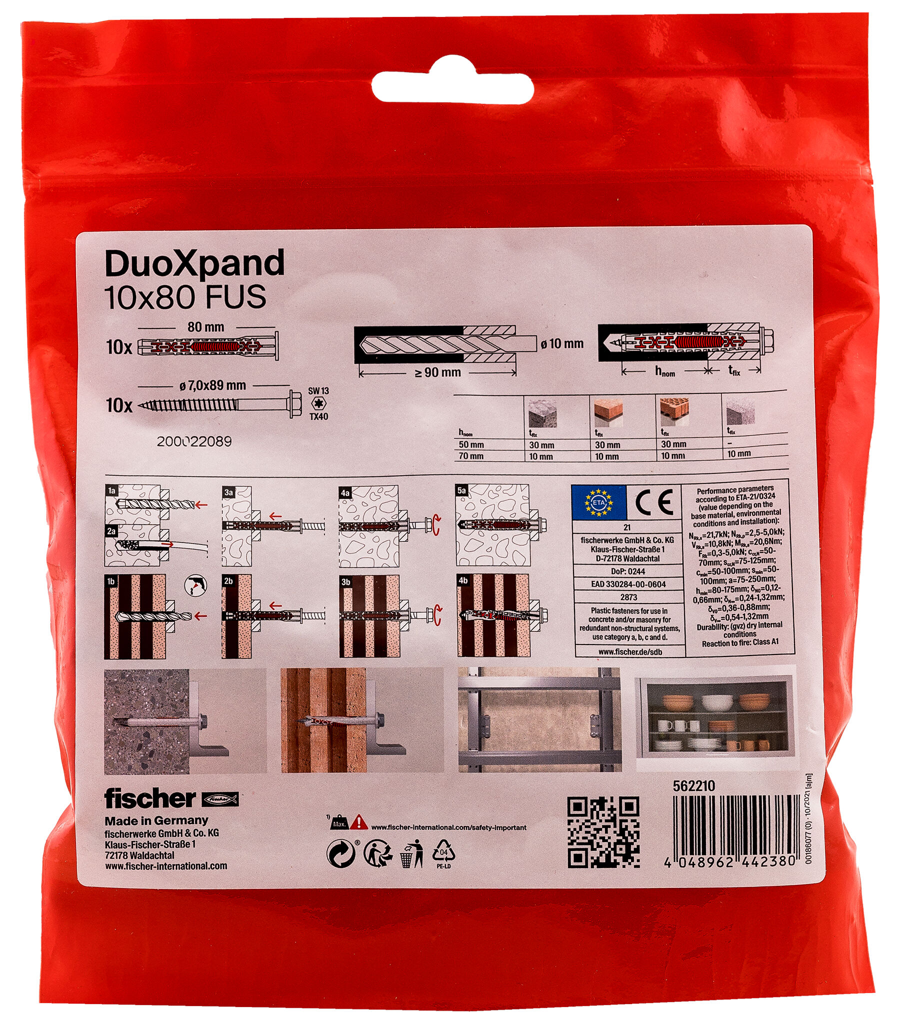 Verpackung: "fischer Langschaftdübel DuoXpand 10 x 80 FUS Sechskantschraube mit U-Scheibe"