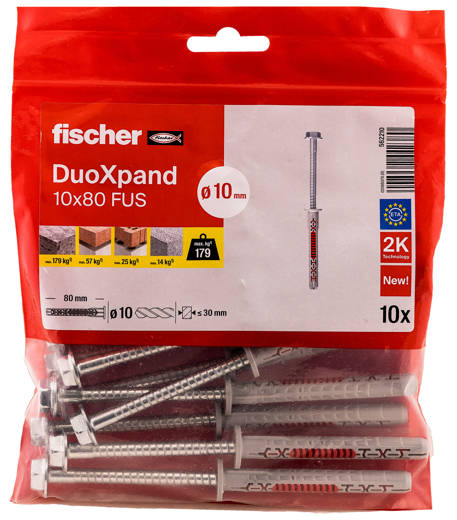 Verpackung: "fischer Langschaftdübel DuoXpand 10 x 80 FUS Sechskantschraube mit U-Scheibe"