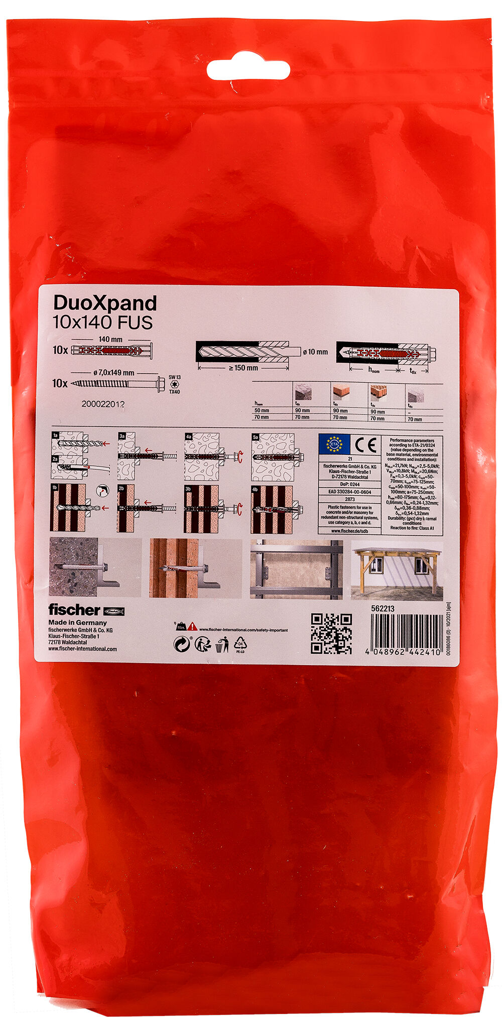 Verpackung: "fischer Langschaftdübel DuoXpand 10 x 140 FUS Sechskantschraube mit U-Scheibe"