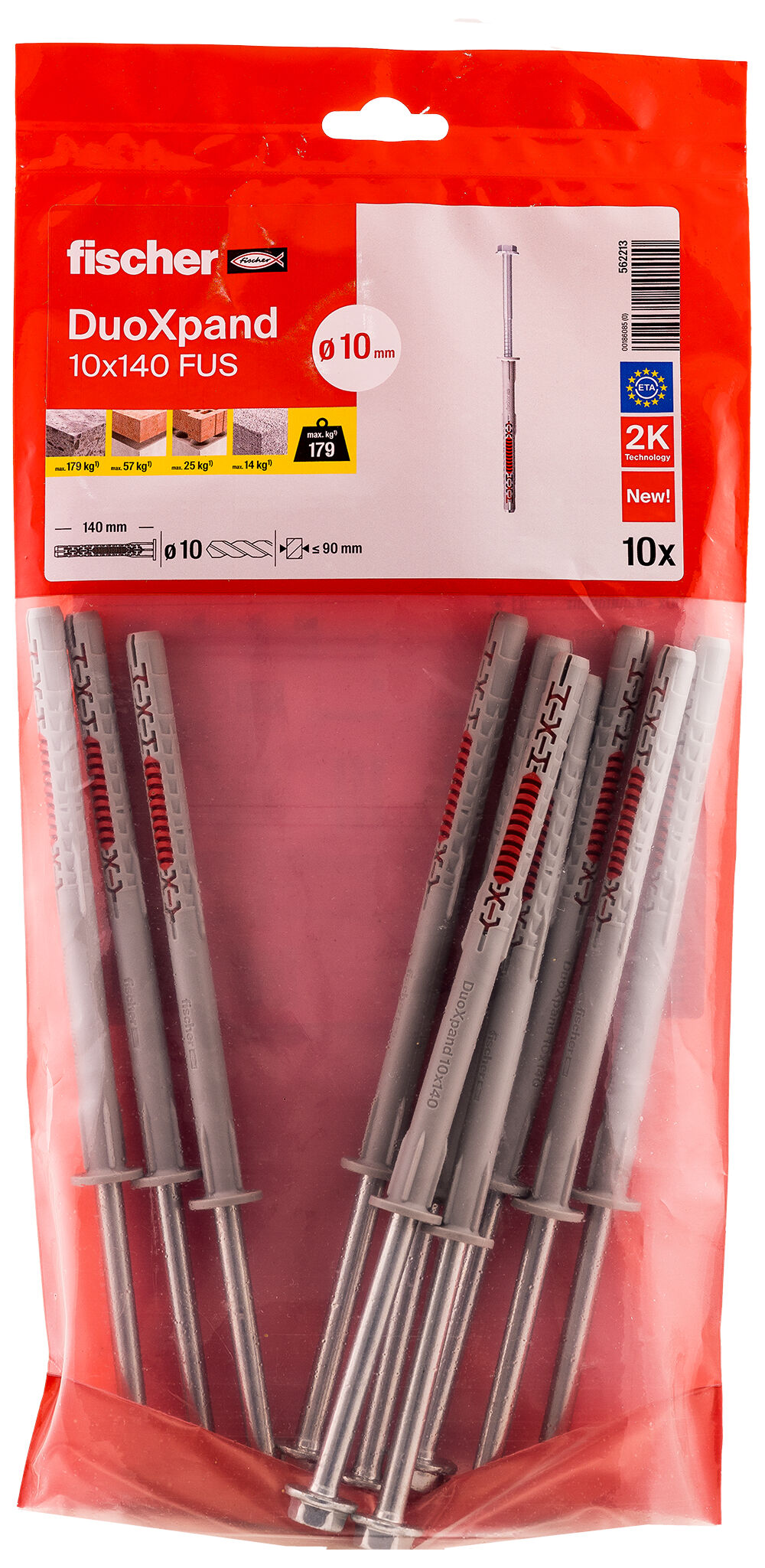 Verpackung: "fischer Langschaftdübel DuoXpand 10 x 140 FUS Sechskantschraube mit U-Scheibe"