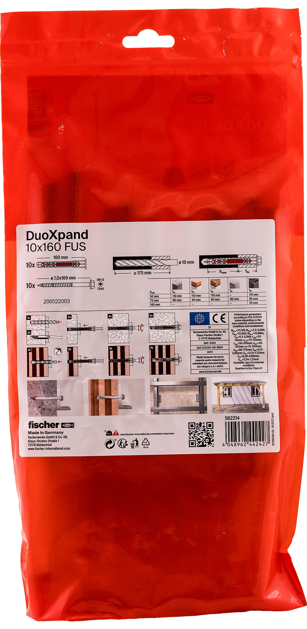 Packaging: "fischer constructieplug DuoXpand 10 x 160 FUS zeskant kop"