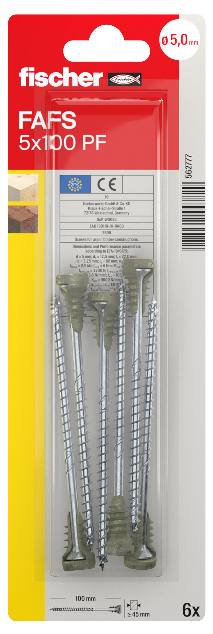 Packaging: "fischer adjustable screw FAFS 5 x 100 TX25 PF K NV"