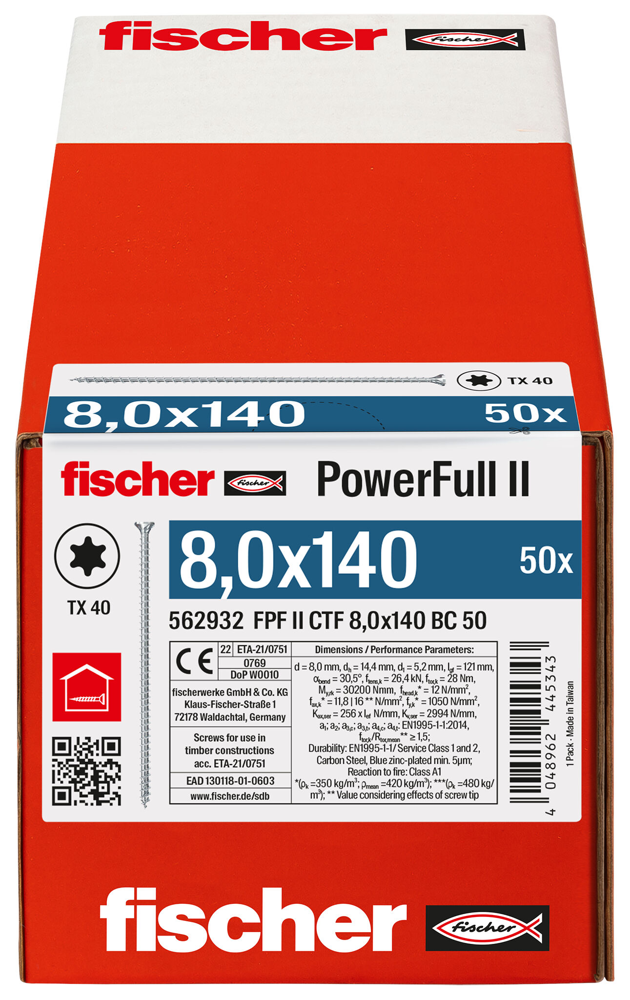 Verpackung: &quot;fischer Vollgewindeschraube PowerFull II CTF 8,0 x 140 BC 50 Senkkopf mit Innenstern TX Vollgewinde galvanisch verzinkt, blau passiviert&quot;