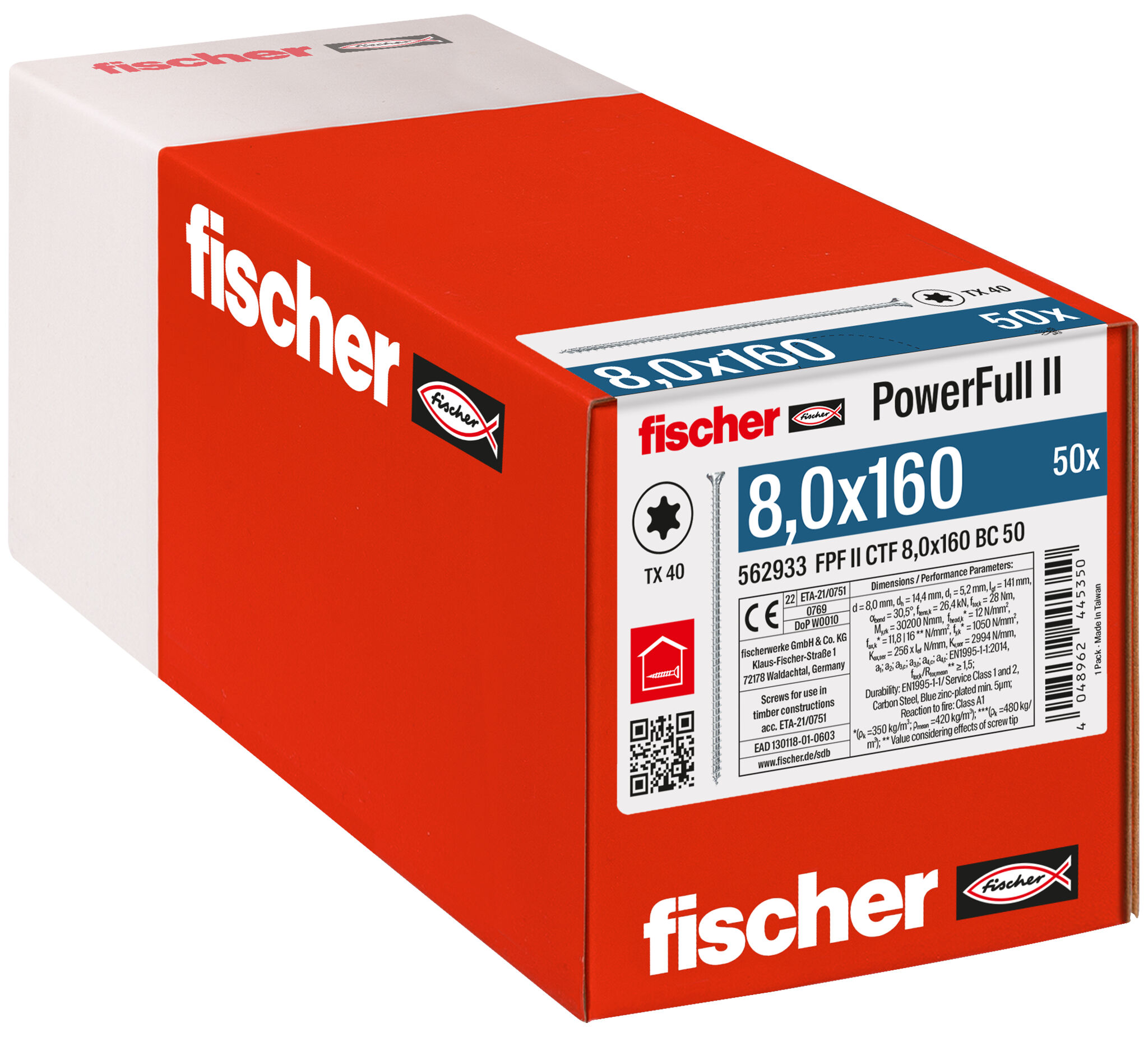 Verpackung: "fischer Vollgewindeschraube PowerFull II CTF 8,0 x 160 BC 50 Senkkopf mit Innenstern TX Vollgewinde galvanisch verzinkt, blau passiviert"