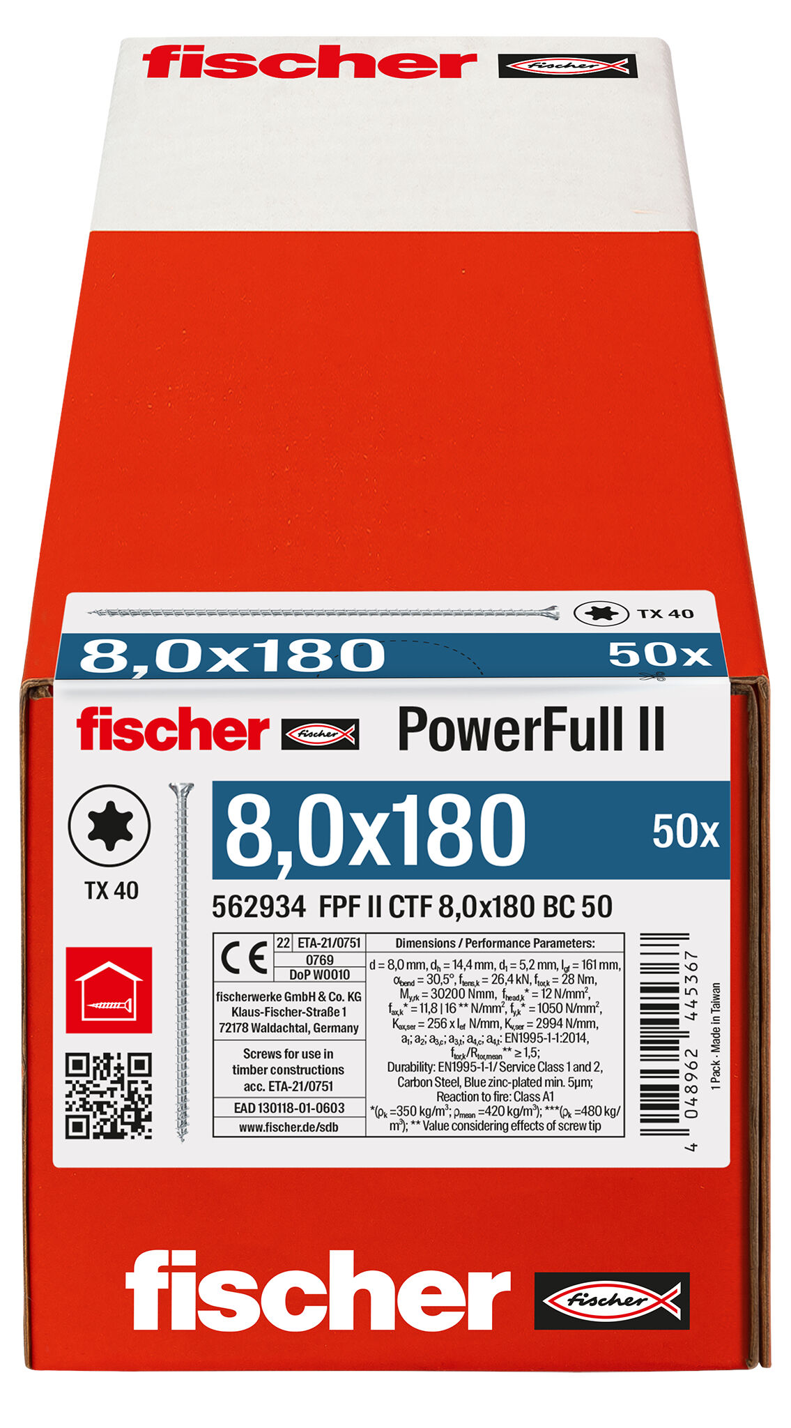 Verpackung: "fischer Vollgewindeschraube PowerFull II CTF 8,0 x 180 BC 50 Senkkopf mit Innenstern TX Vollgewinde galvanisch verzinkt, blau passiviert"