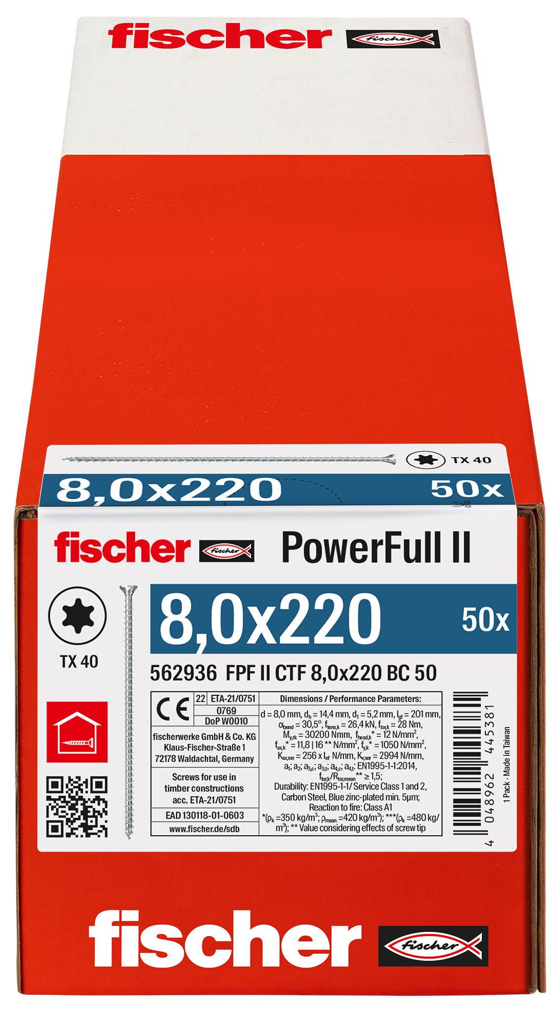 Verpackung: "fischer Vollgewindeschraube PowerFull II CTF 8,0 x 220 BC 50 Senkkopf mit Innenstern TX Vollgewinde galvanisch verzinkt, blau passiviert"
