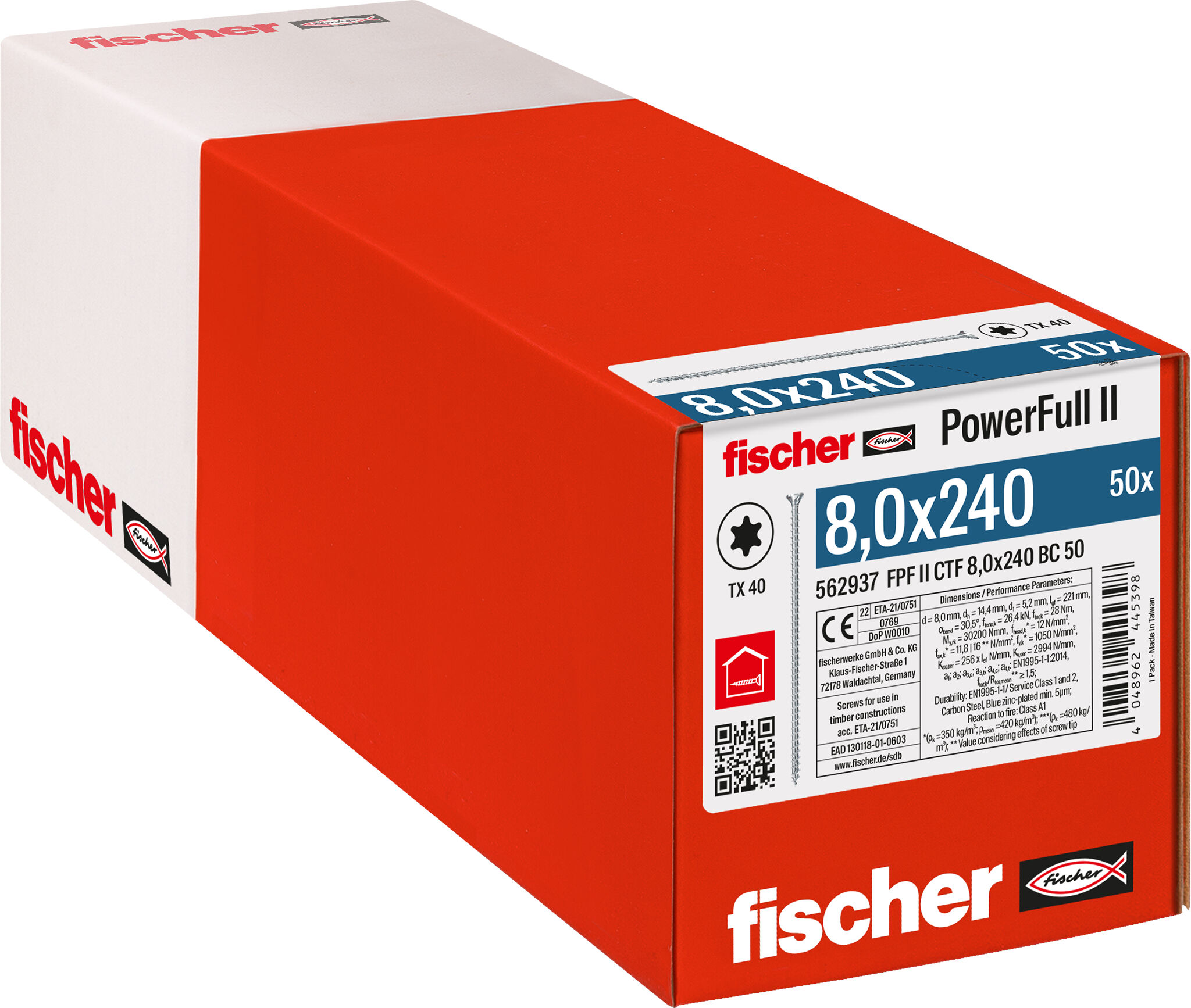 Verpackung: "fischer Vollgewindeschraube PowerFull II CTF 8,0 x 240 BC 50 Senkkopf mit Innenstern TX Vollgewinde galvanisch verzinkt, blau passiviert"