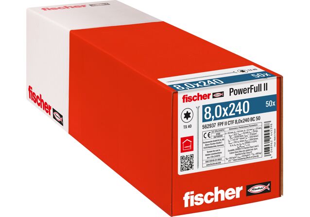Verpackung: "fischer Vollgewindeschraube PowerFull FPF II CTF 8,0 x 240 BC 50, Senkkopf, TX Antrieb, Vollgewinde, blau passiviert, galvanisch verzinkt, 50 Stück"