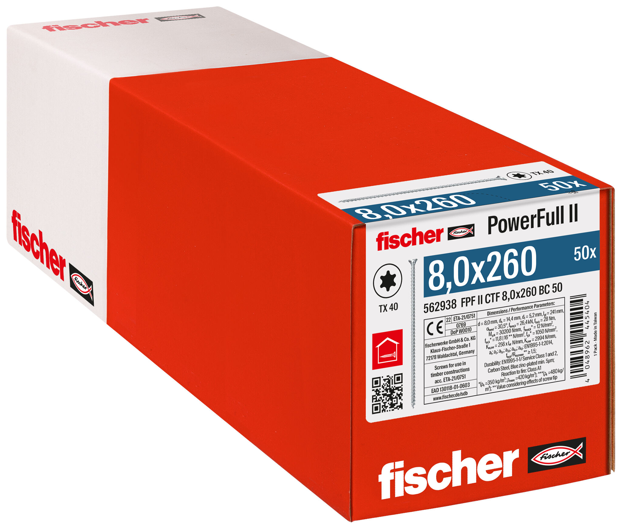 Verpackung: "fischer Vollgewindeschraube PowerFull II CTF 8,0 x 260 BC 50 Senkkopf mit Innenstern TX Vollgewinde galvanisch verzinkt, blau passiviert"