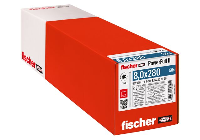 Verpackung: "fischer Vollgewindeschraube PowerFull FPF II CTF 8,0 x 280 BC 50, Senkkopf, TX Antrieb, Vollgewinde, blau passiviert, galvanisch verzinkt, 50 Stück"
