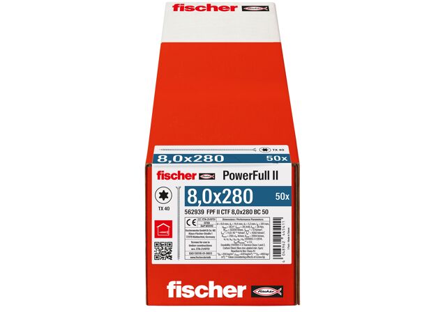 Verpackung: "fischer Vollgewindeschraube PowerFull FPF II CTF 8,0 x 280 BC 50, Senkkopf, TX Antrieb, Vollgewinde, blau passiviert, galvanisch verzinkt, 50 Stück"