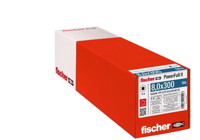 Verpackung: "fischer Vollgewindeschraube PowerFull FPF II CTF 8,0 x 300 BC 50, Senkkopf, TX Antrieb, Vollgewinde, blau passiviert, galvanisch verzinkt, 50 Stück"