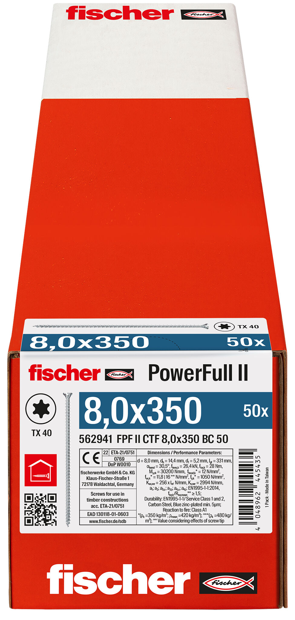 Verpackung: "fischer Vollgewindeschraube PowerFull II CTF 8,0 x 350 BC 50 Senkkopf mit Innenstern TX Vollgewinde galvanisch verzinkt, blau passiviert"