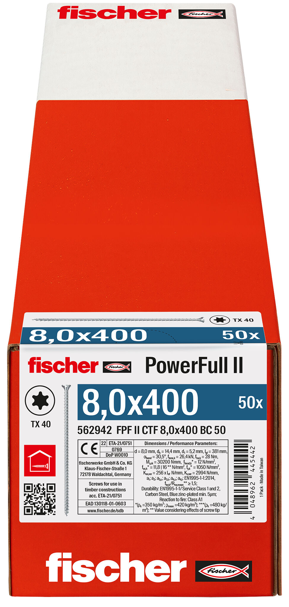 Verpackung: "fischer Vollgewindeschraube PowerFull II CTF 8,0 x 400 BC 50 Senkkopf mit Innenstern TX Vollgewinde galvanisch verzinkt, blau passiviert"