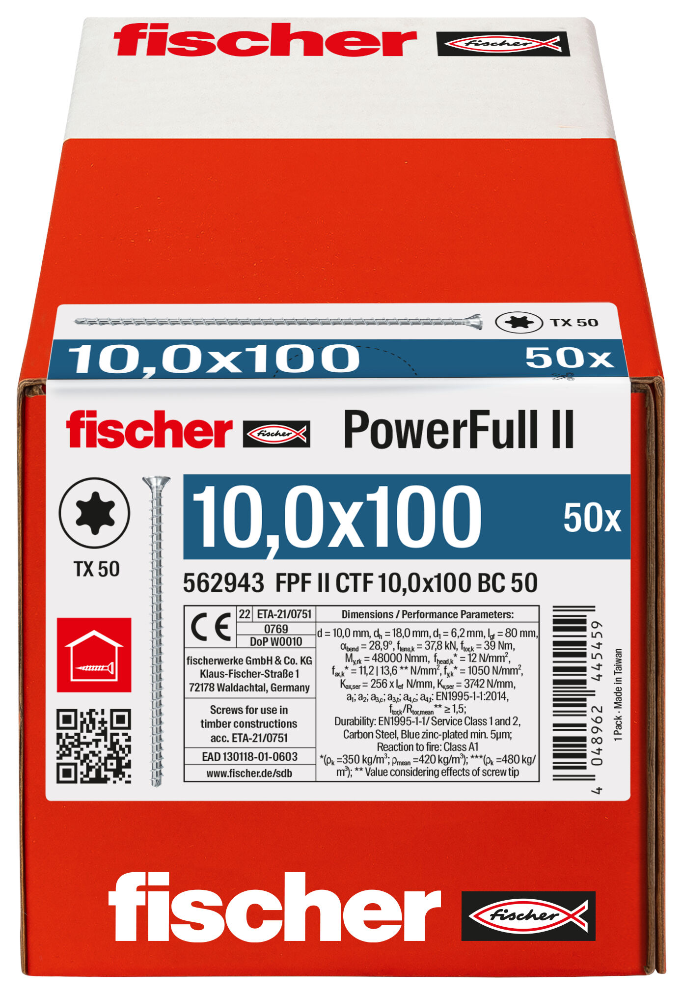 Packaging: "fischer Full thread screw PowerFull II CTF 10.0 x 100 BC 50 countersunk head TX star recess full thread blue zinc plated"