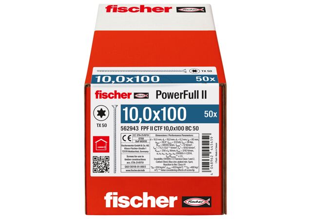 Verpackung: "fischer Vollgewindeschraube PowerFull FPF II CTF 10,0 x 100 BC 50, Senkkopf, TX Antrieb, Vollgewinde, blau passiviert, galvanisch verzinkt, 50 Stück"