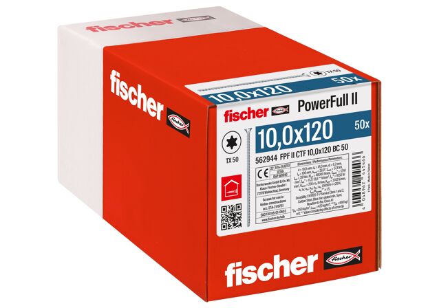 Verpackung: "fischer Vollgewindeschraube PowerFull FPF II CTF 10,0 x 120 BC 50, Senkkopf, TX Antrieb, Vollgewinde, blau passiviert, galvanisch verzinkt, 50 Stück"