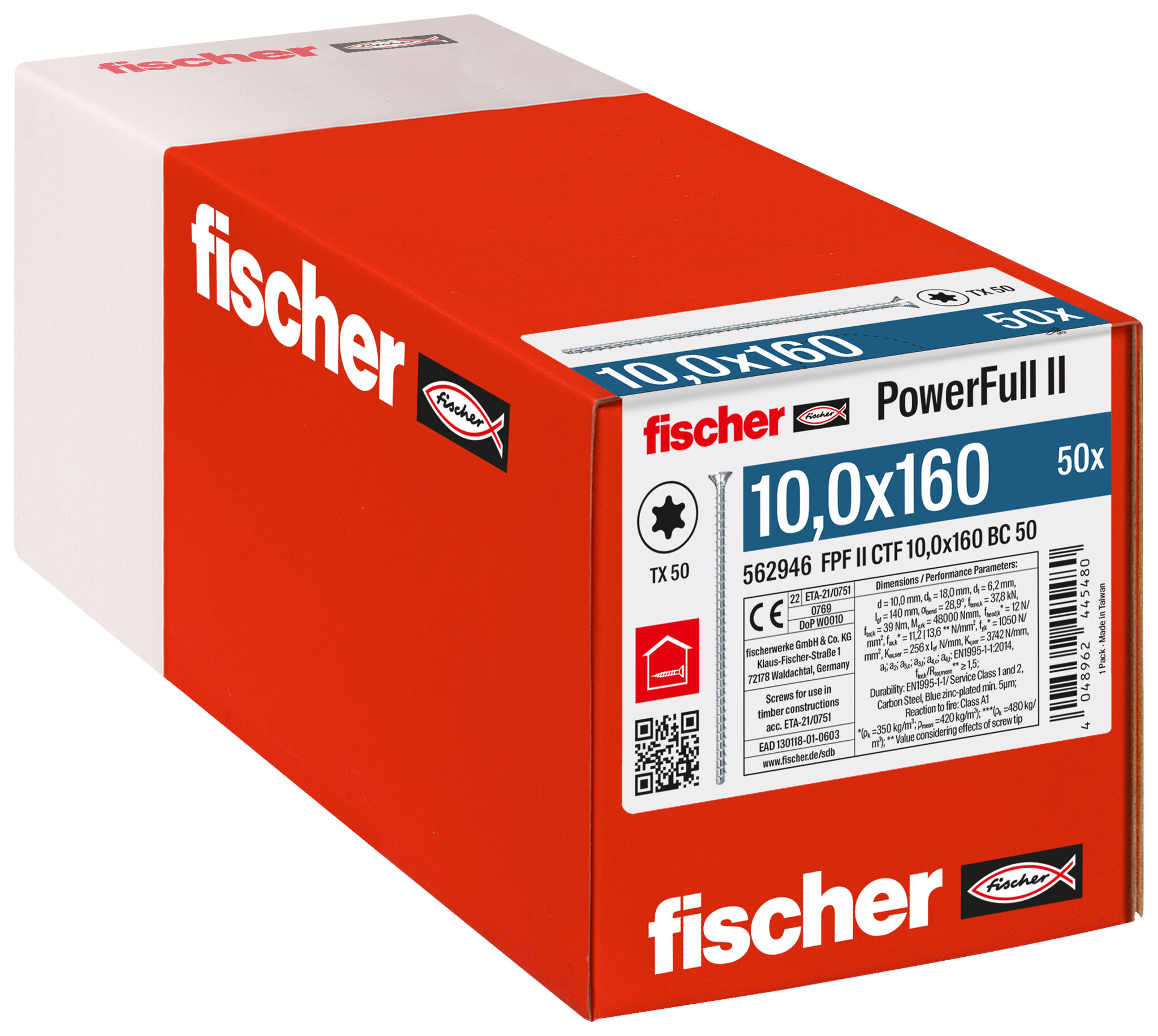 Packaging: "fischer Full thread screw PowerFull II CTF 10.0 x 160 BC 50 countersunk head TX star recess full thread blue zinc plated"