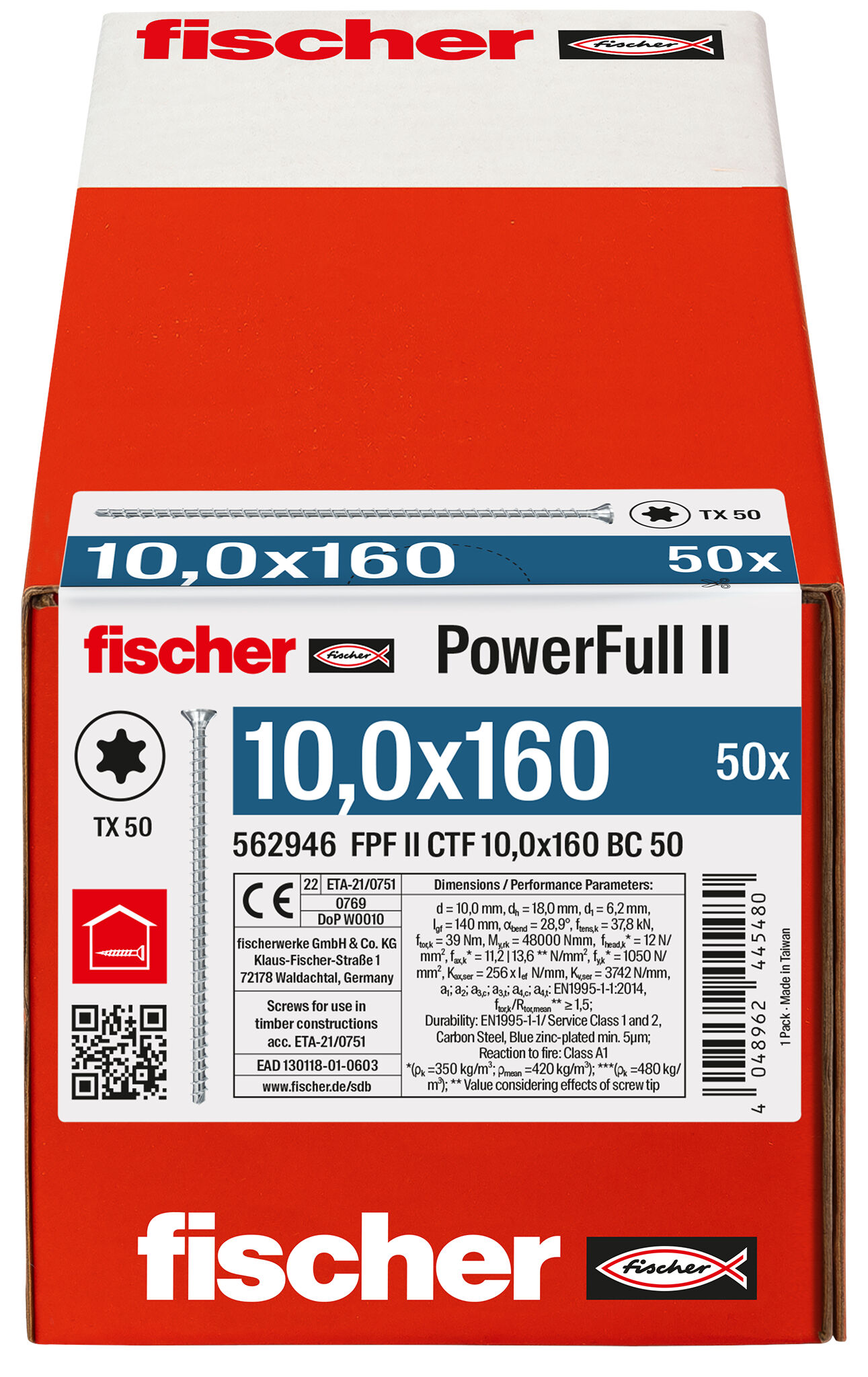 Packaging: "fischer Full thread screw PowerFull II CTF 10.0 x 160 BC 50 countersunk head TX star recess full thread blue zinc plated"
