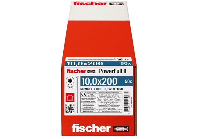 Verpackung: "fischer Vollgewindeschraube PowerFull FPF II CTF 10,0 x 200 BC 50, Senkkopf, TX Antrieb, Vollgewinde, blau passiviert, galvanisch verzinkt, 50 Stück"