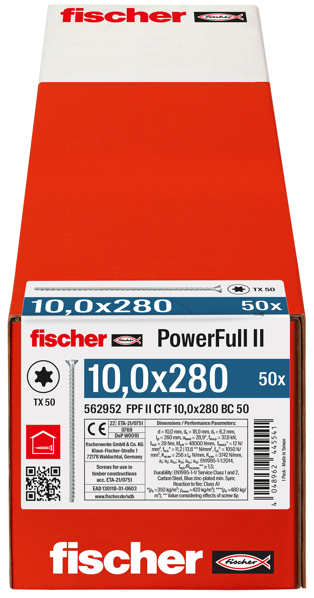 Packaging: "fischer Full thread screw PowerFull II CTF 10.0 x 280 BC 50 countersunk head TX star recess full thread blue zinc plated"