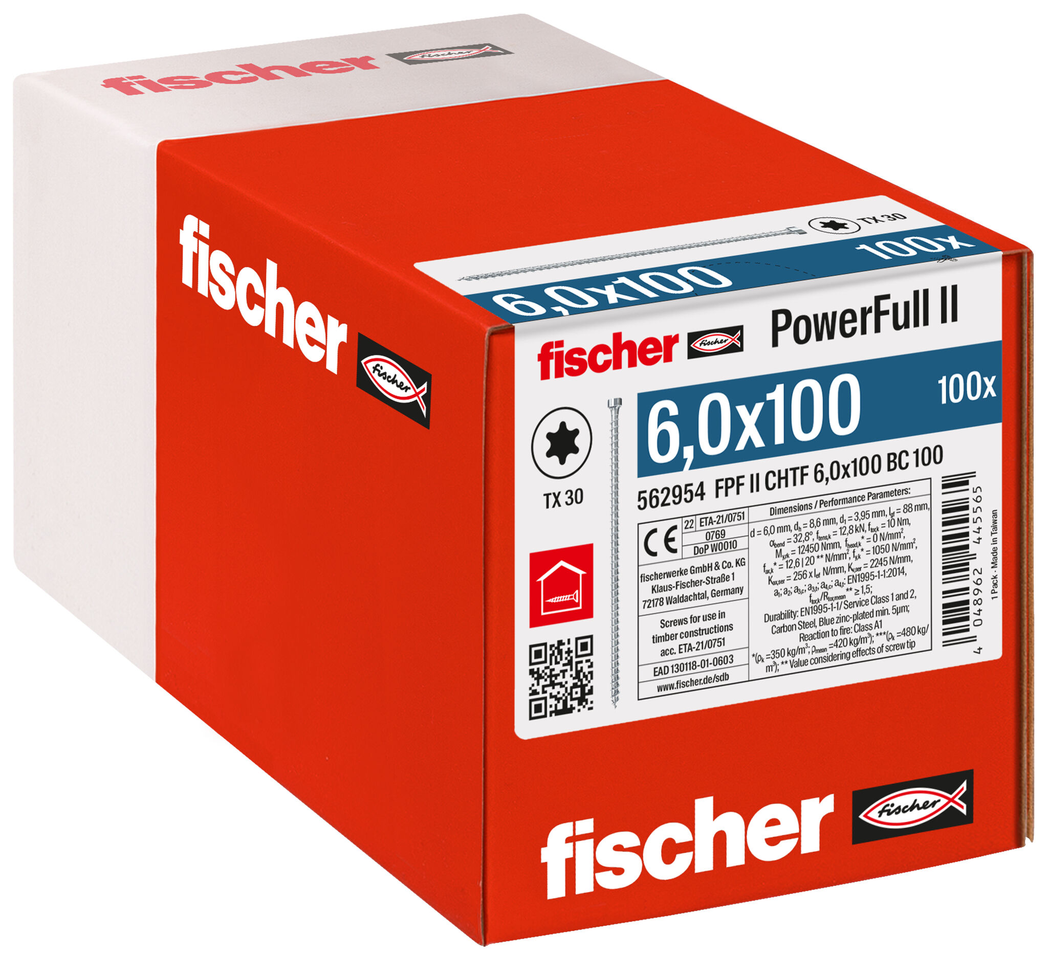 Verpackung: "fischer Vollgewindeschraube PowerFull II CHTF 6,0 x 100 BC 100 Zylinderkopf mit Innenstern TX Vollgewinde galvanisch verzinkt, blau passiviert"