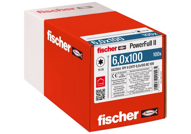 Verpackung: "fischer Vollgewindeschraube PowerFull FPF II CHTF 6,0 x 100 BC 100, Zylinderkopf, TX Antrieb, Vollgewinde, blau passiviert, galvanisch verzinkt, 100 Stück"