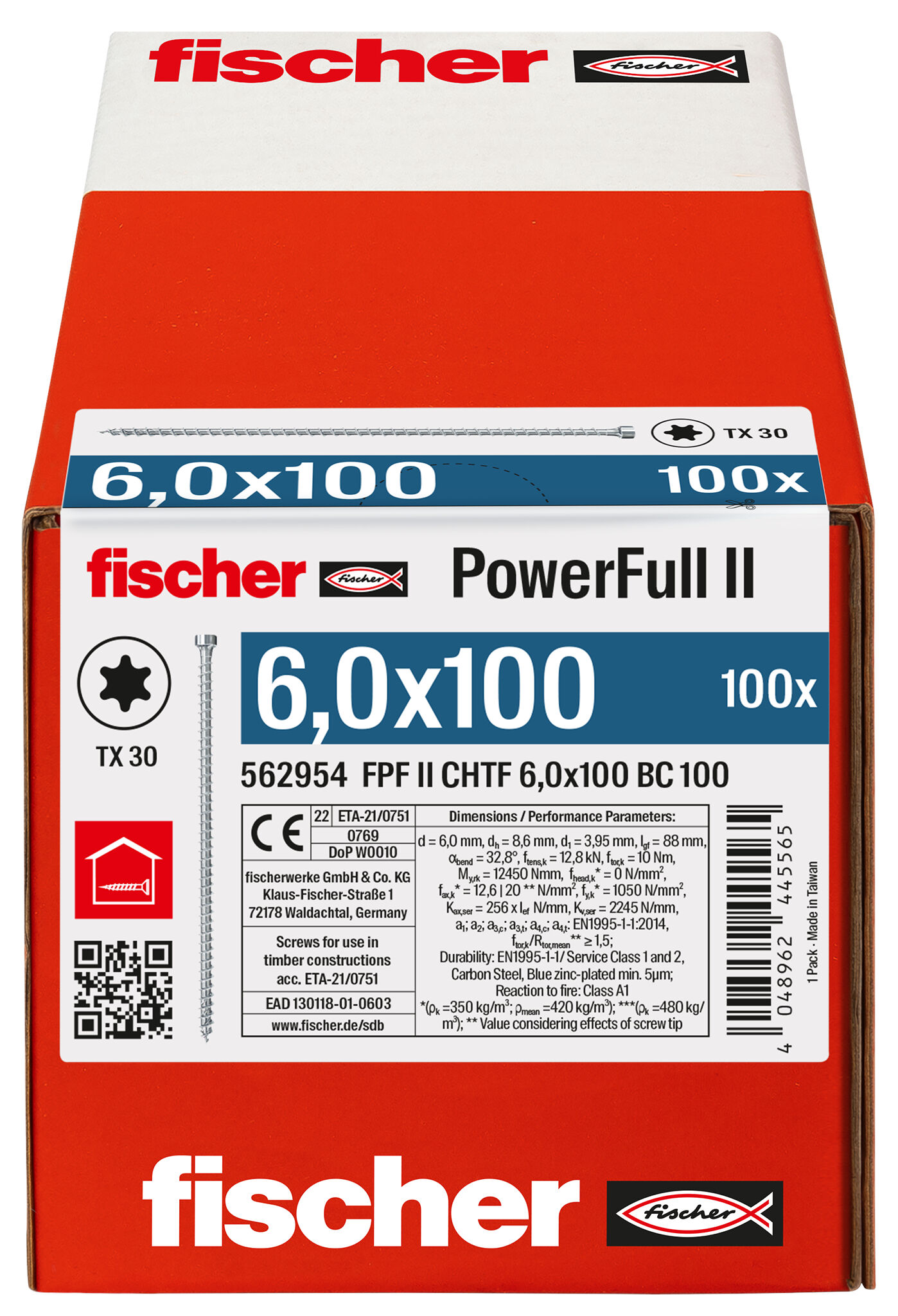 Verpackung: "fischer Vollgewindeschraube PowerFull II CHTF 6,0 x 100 BC 100 Zylinderkopf mit Innenstern TX Vollgewinde galvanisch verzinkt, blau passiviert"