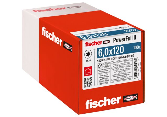Verpackung: "fischer Vollgewindeschraube PowerFull FPF II CHTF 6,0 x 120 BC 100, Zylinderkopf, TX Antrieb, Vollgewinde, blau passiviert, galvanisch verzinkt, 100 Stück"