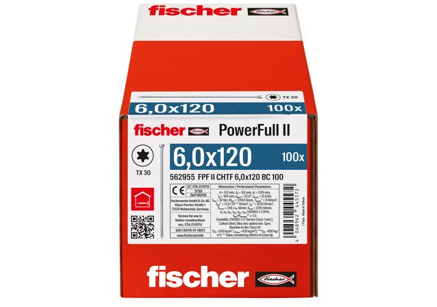 Verpackung: "fischer Vollgewindeschraube PowerFull FPF II CHTF 6,0 x 120 BC 100, Zylinderkopf, TX Antrieb, Vollgewinde, blau passiviert, galvanisch verzinkt, 100 Stück"