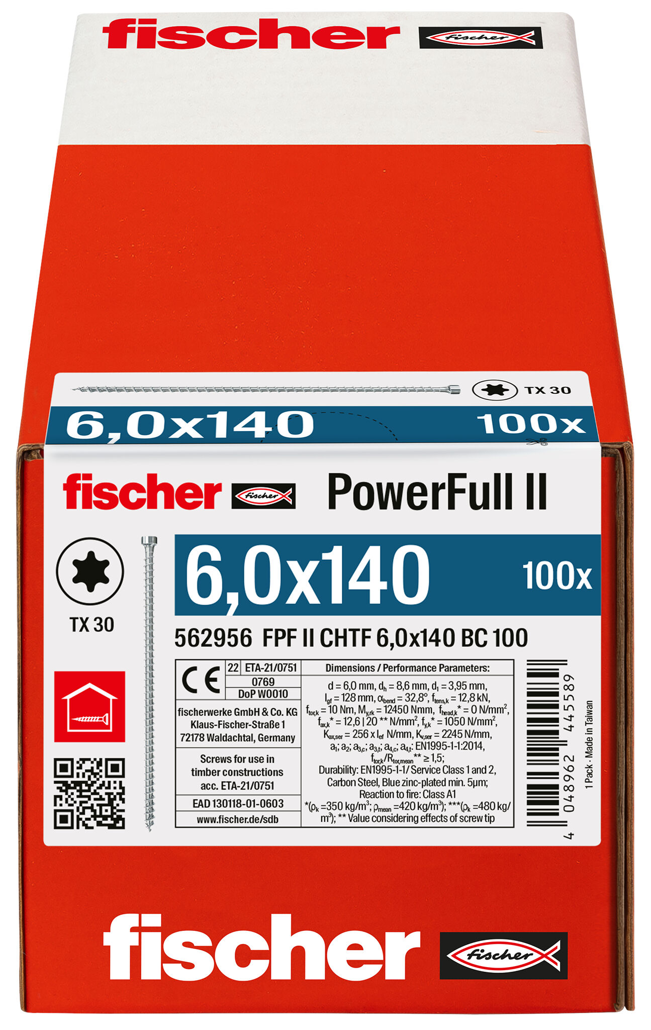 Packaging: "fischer Full thread screw PowerFull II CHTF 6.0 x 140 BC 100 cylinder head TX star recess full thread blue zinc plated"