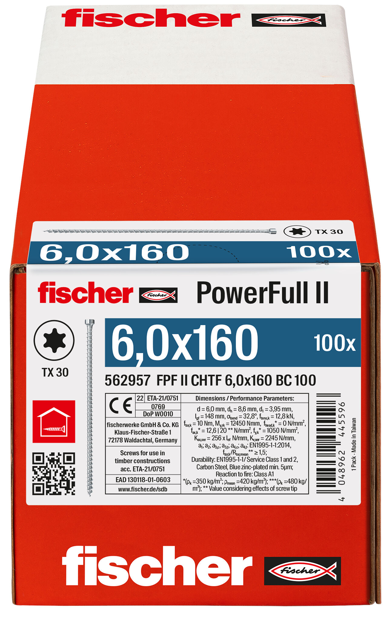 Verpackung: "fischer Vollgewindeschraube PowerFull II CHTF 6,0 x 160 BC 100 Zylinderkopf mit Innenstern TX Vollgewinde galvanisch verzinkt, blau passiviert"