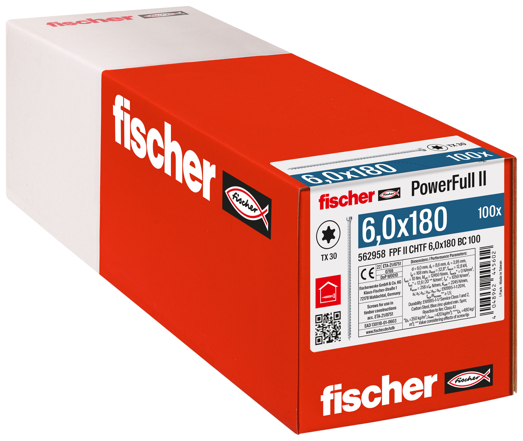 Packaging: "fischer Full thread screw PowerFull II CHTF 6.0 x 180 BC 100 cylinder head TX star recess full thread blue zinc plated"