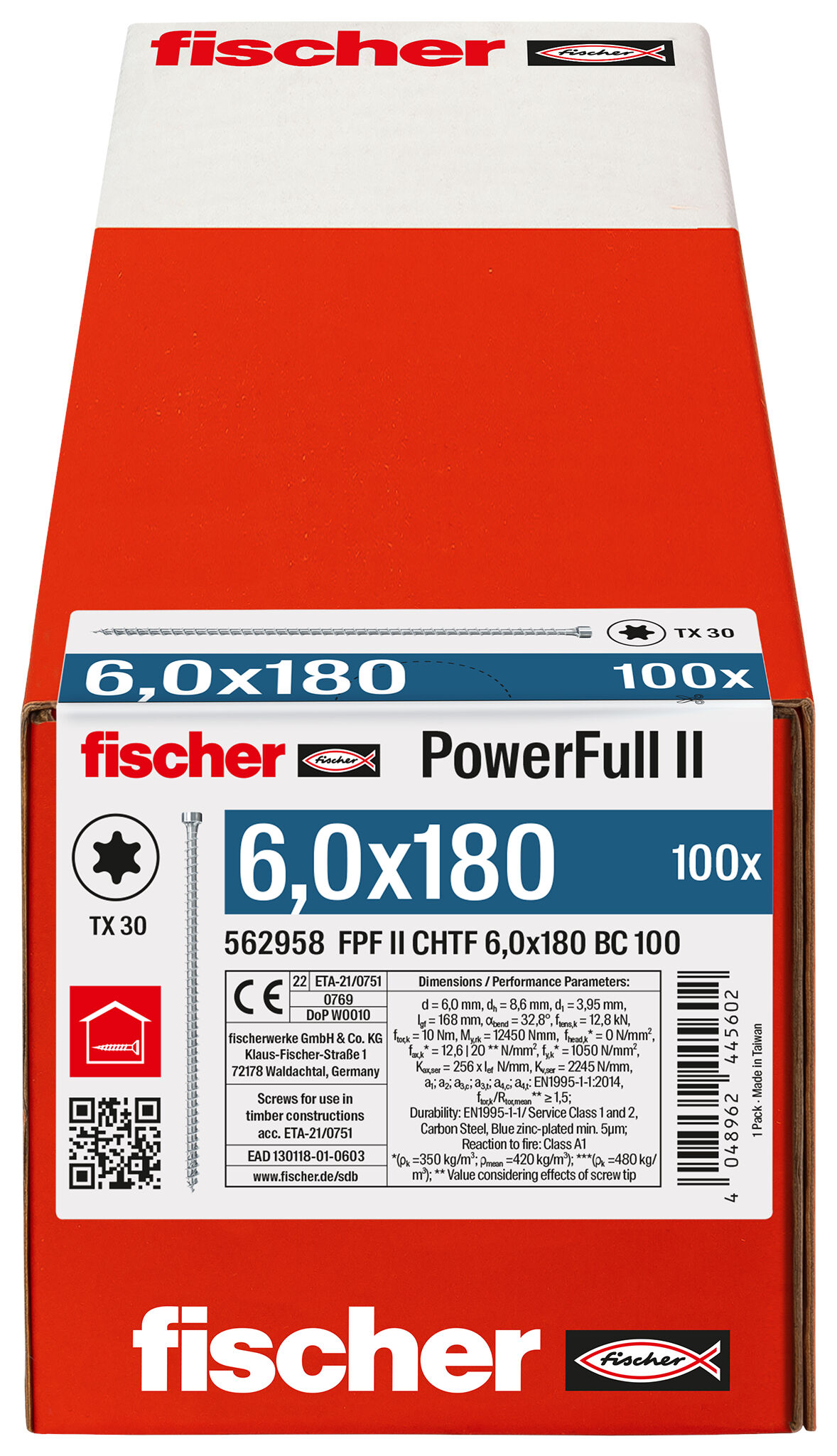 Packaging: "fischer Full thread screw PowerFull II CHTF 6.0 x 180 BC 100 cylinder head TX star recess full thread blue zinc plated"
