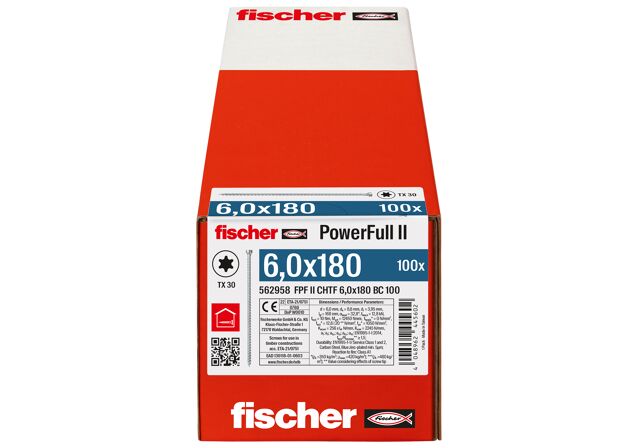 Verpackung: "fischer Vollgewindeschraube PowerFull FPF II CHTF 6,0 x 180 BC 100, Zylinderkopf, TX Antrieb, Vollgewinde, blau passiviert, galvanisch verzinkt, 100 Stück"