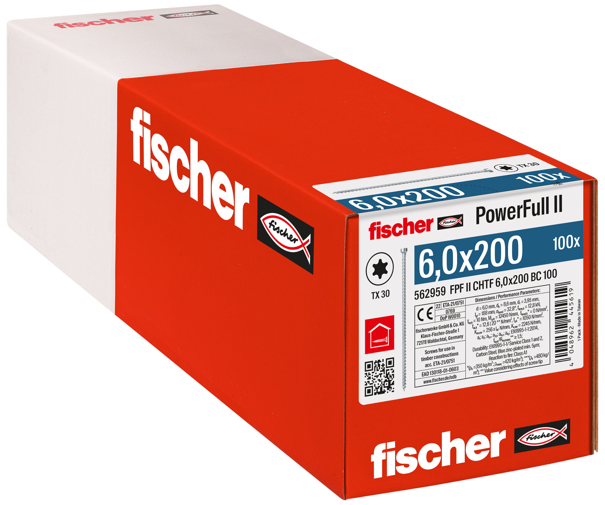 Verpackung: "fischer Vollgewindeschraube PowerFull II CHTF 6,0 x 200 BC 100 Zylinderkopf mit Innenstern TX Vollgewinde galvanisch verzinkt, blau passiviert"