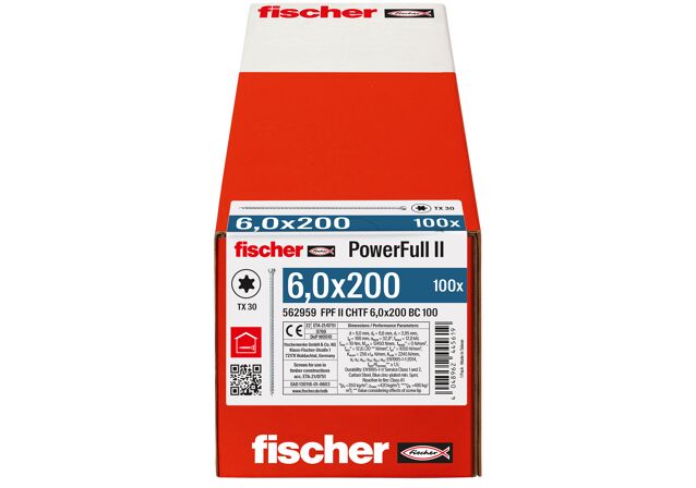 Verpackung: "fischer Vollgewindeschraube PowerFull FPF II CHTF 6,0 x 200 BC 100, Zylinderkopf, TX Antrieb, Vollgewinde, blau passiviert, galvanisch verzinkt, 100 Stück"