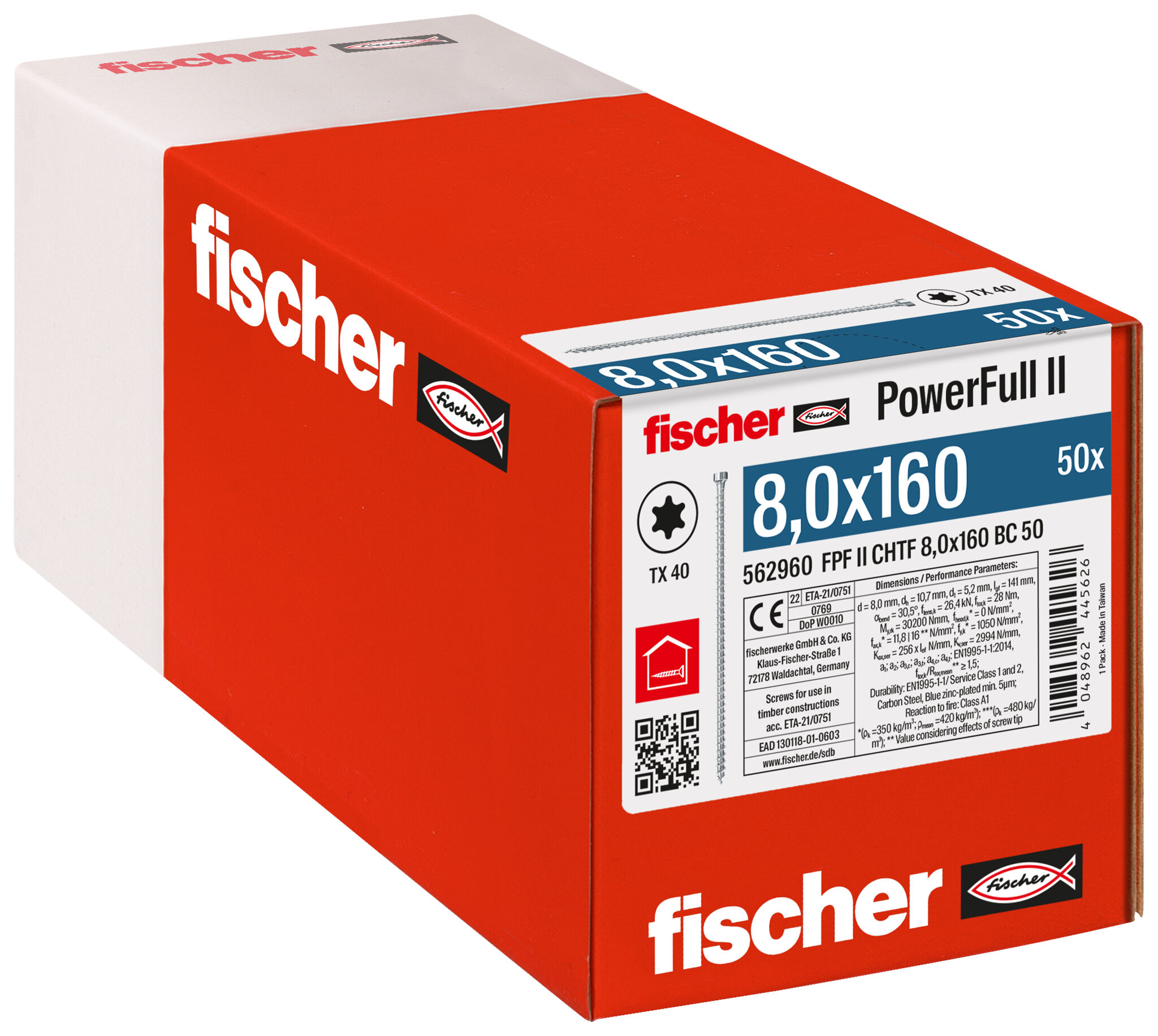Verpackung: "fischer Vollgewindeschraube PowerFull II CHTF 8,0 x 160 BC 50 Zylinderkopf mit Innenstern TX Vollgewinde galvanisch verzinkt, blau passiviert"