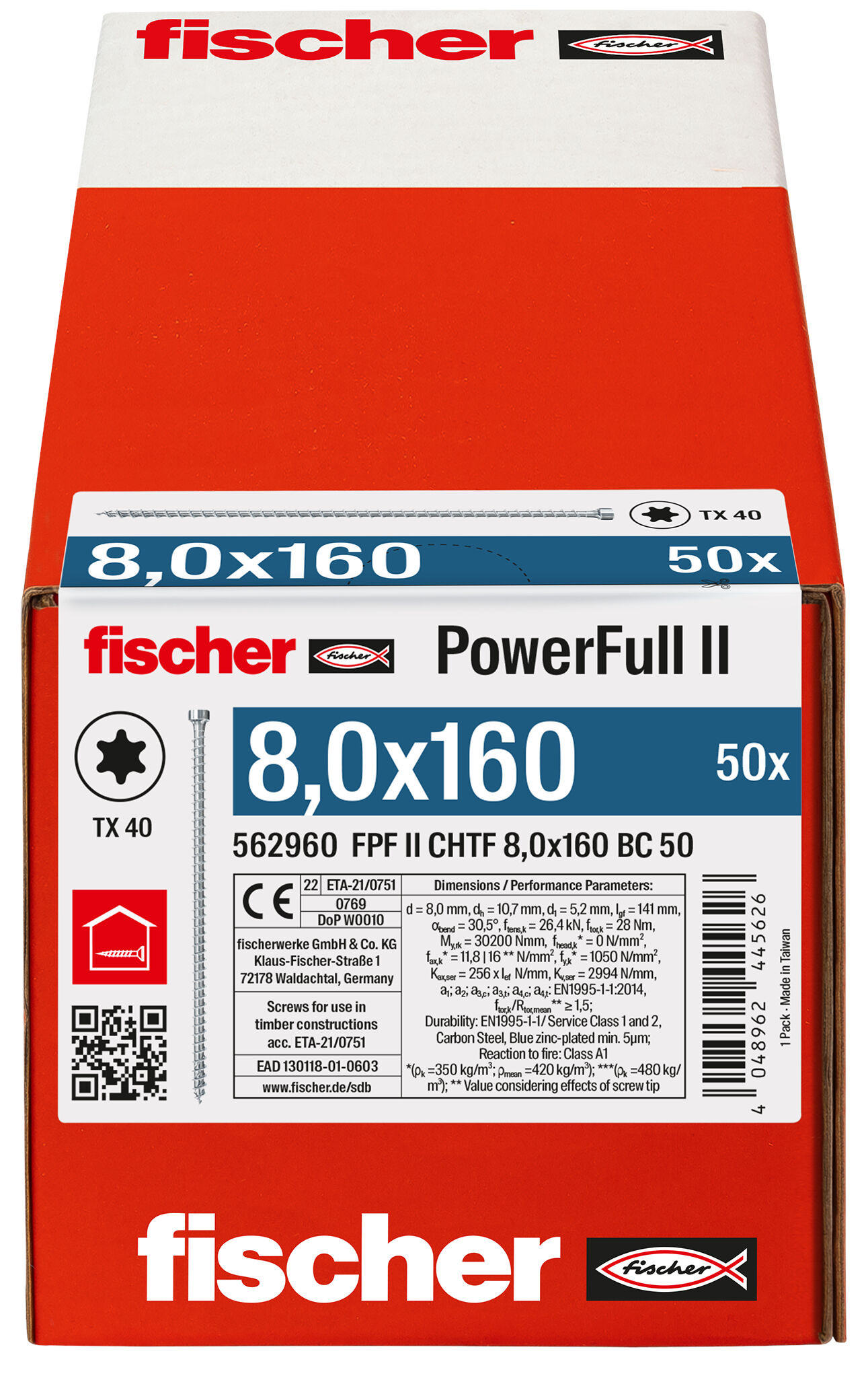 Verpackung: "fischer Vollgewindeschraube PowerFull II CHTF 8,0 x 160 BC 50 Zylinderkopf mit Innenstern TX Vollgewinde galvanisch verzinkt, blau passiviert"