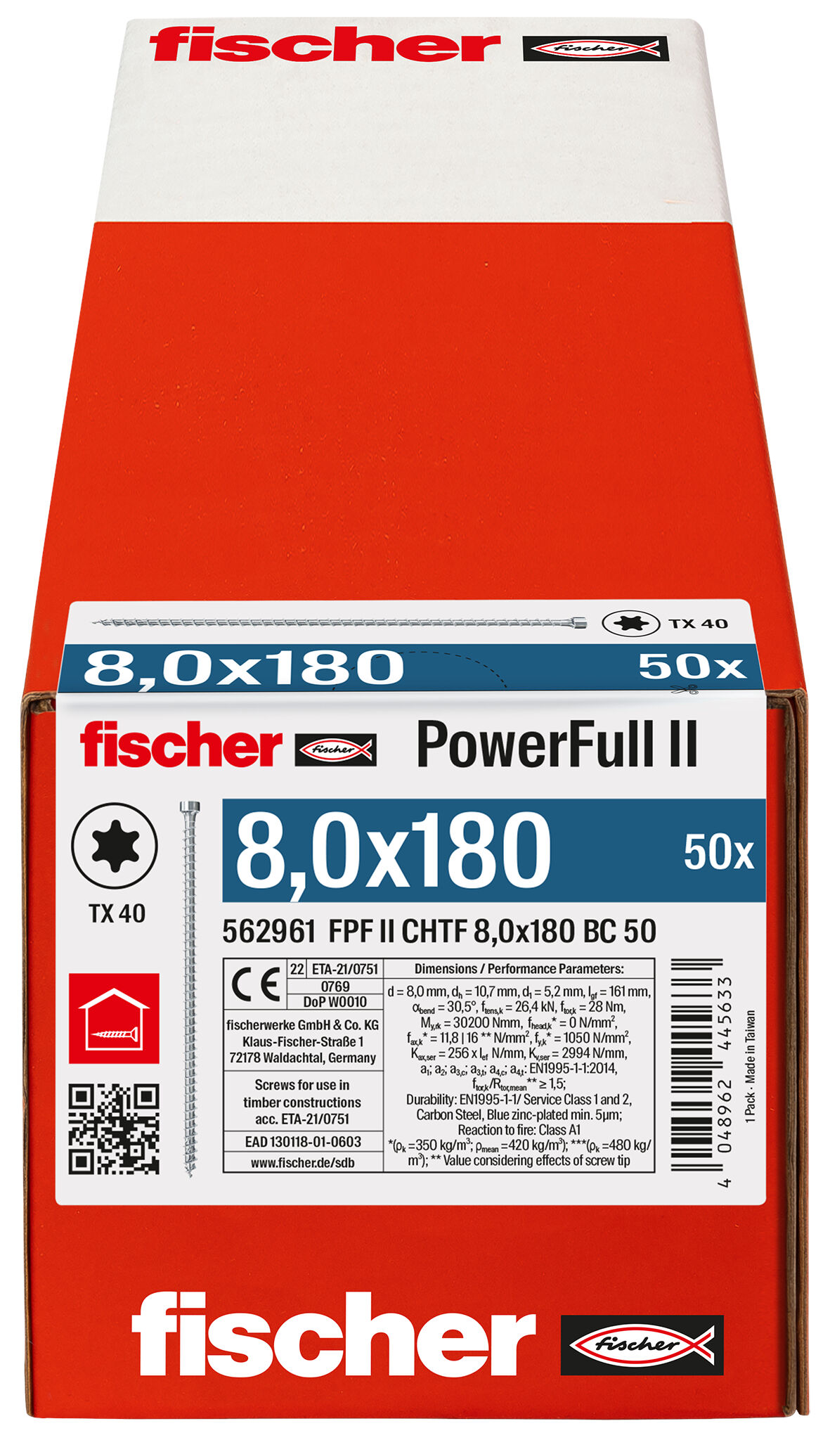 Verpackung: "fischer Vollgewindeschraube PowerFull II CHTF 8,0 x 180 BC 50 Zylinderkopf mit Innenstern TX Vollgewinde galvanisch verzinkt, blau passiviert"