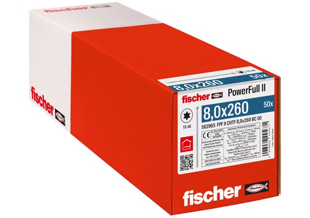 Verpackung: "fischer Vollgewindeschraube PowerFull FPF II CHTF 8,0 x 260 BC 50, Zylinderkopf, TX Antrieb, Vollgewinde, blau passiviert, galvanisch verzinkt, 50 Stück"