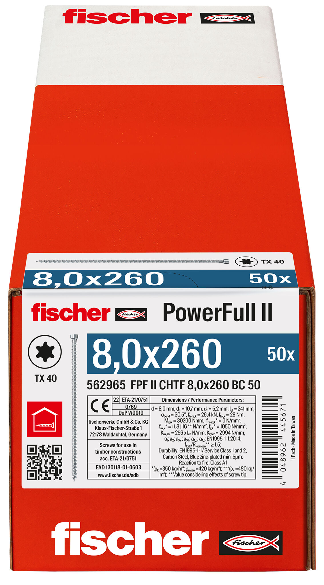 Verpackung: "fischer Vollgewindeschraube PowerFull II CHTF 8,0 x 260 BC 50 Zylinderkopf mit Innenstern TX Vollgewinde galvanisch verzinkt, blau passiviert"