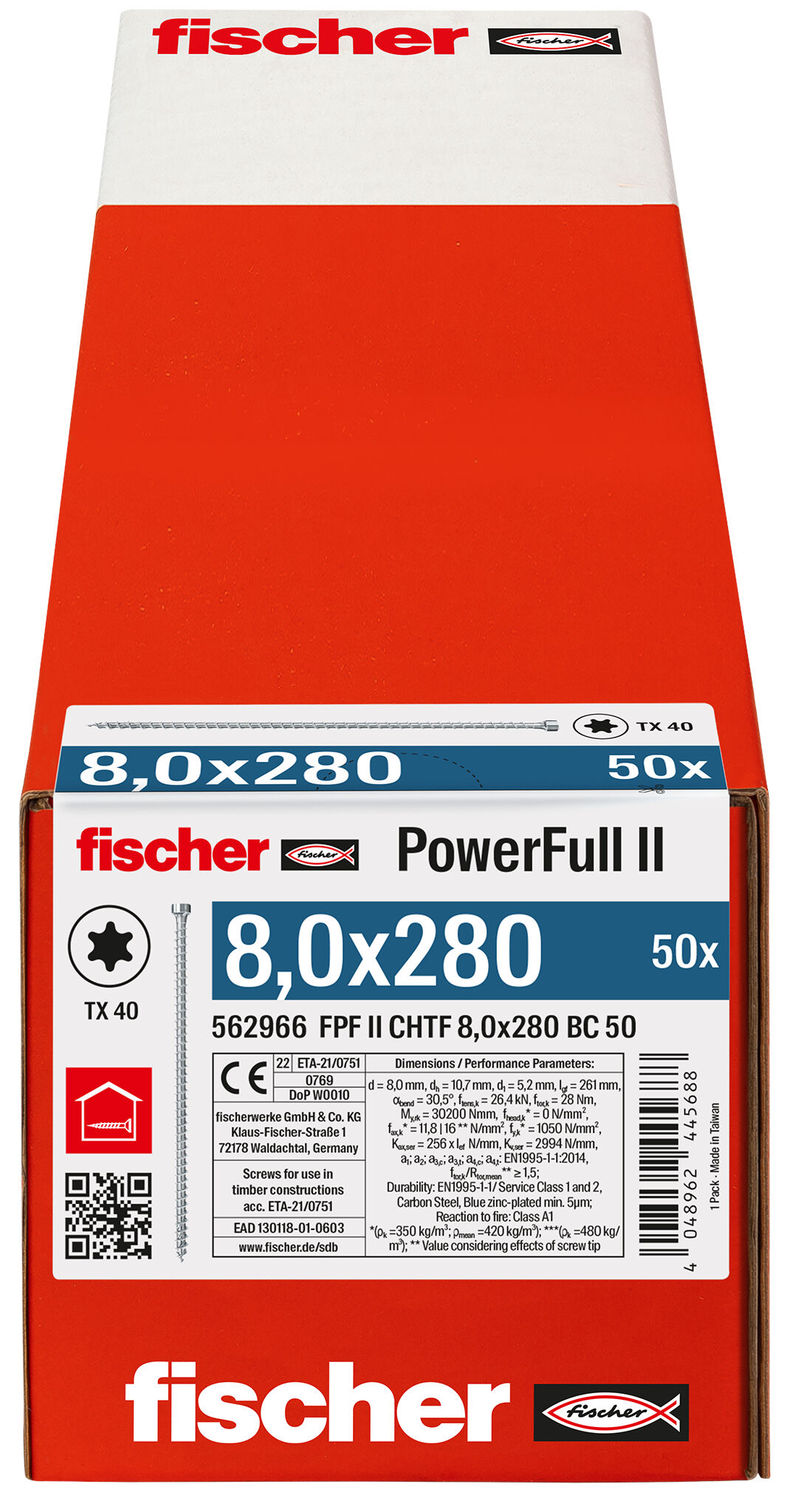 Verpackung: "fischer Vollgewindeschraube PowerFull II CHTF 8,0 x 280 BC 50 Zylinderkopf mit Innenstern TX Vollgewinde galvanisch verzinkt, blau passiviert"